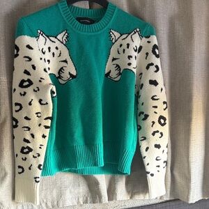 MINKPINK Teal Emerald Green and Snow White Leopard Sleeves Sweater S